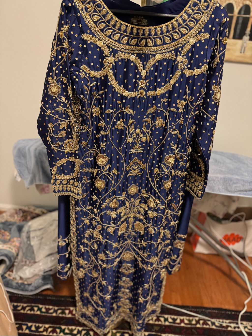 Elegant Navy Blue Embroidered Women's Dress With Gold Detailing